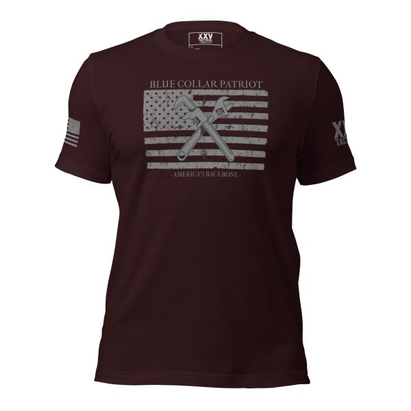 A Men's Blue Collar Patriot Tee with an American flag on it.