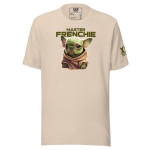 The Men's Master Frenchie T-Shirt is beige with a baby yoda on it.
