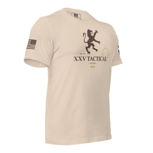 A Men's Vintage XXV Tactical T-Shirt with an American flag and a lion on it.