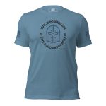 A Women's 'Evil is powerless if the good are unafraid' LEO T-shirt with an image of a spartan helmet on it.