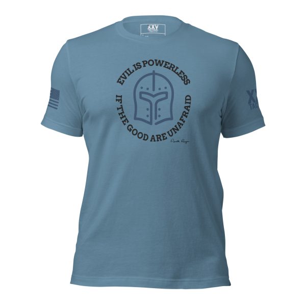 A Women's 'Evil is powerless if the good are unafraid' LEO T-shirt with an image of a spartan helmet on it.