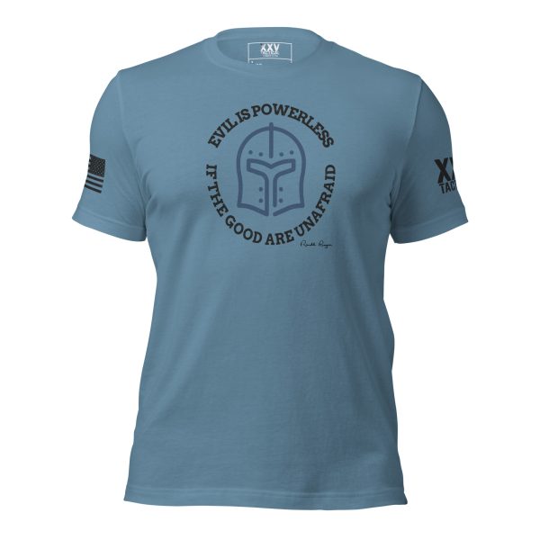 A men's 'Evil is powerless if the good are unafraid' LEO T-shirt in blue featuring the words "I'm a soldier" and "I'm a good man.