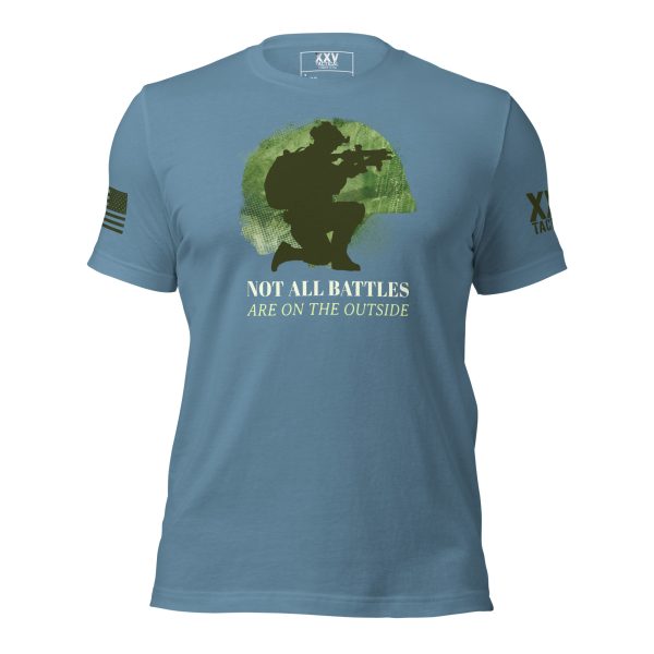 A "Not All Battles Are On The Outside" t-shirt with a soldier silhouette, perfect for battles.