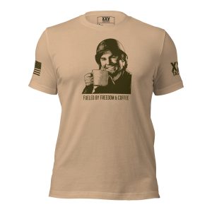 A tan Men's Fueled by Freedom & Coffee Tee with a man in a helmet.