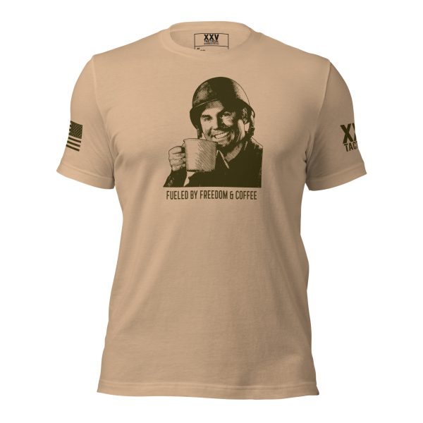 A tan Men's Fueled by Freedom & Coffee Tee with a man in a helmet.