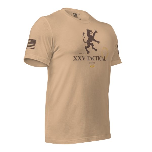 A Men's Vintage XXV Tactical T-Shirt with an American flag and a lion on it.