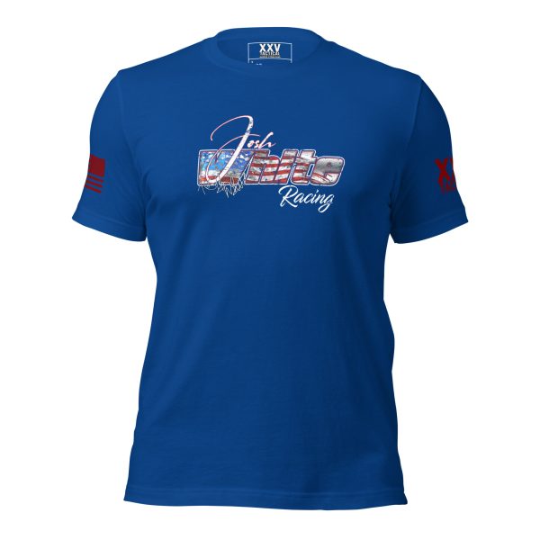 A Men's Josh White Racing Tee with an American flag on it.
