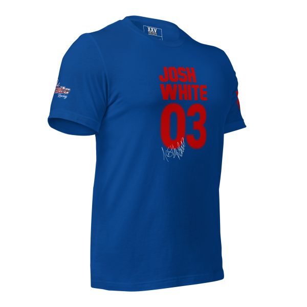A blue Men's Josh White Racing #03 Tee with the words jedi wraith 30 on it.