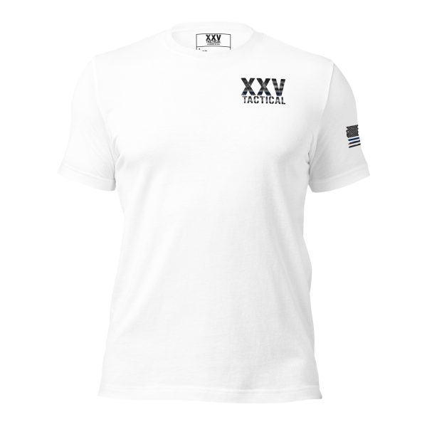 A XXV Tactical Thin Blue Line t-shirt with the word vwx in white.