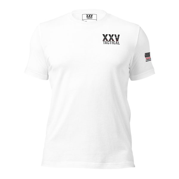 A white t-shirt with a XXV Tactical Thin Red Line on it.