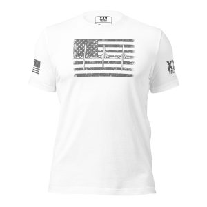 A Thin White Line Healthcare & EMT Tee with an American flag on it.