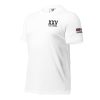 A white t-shirt with an American flag on it, incorporating the XXV Tactical Thin Red Line.