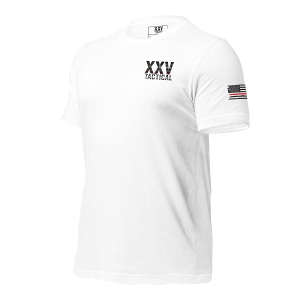A white t-shirt with an American flag on it, incorporating the XXV Tactical Thin Red Line.