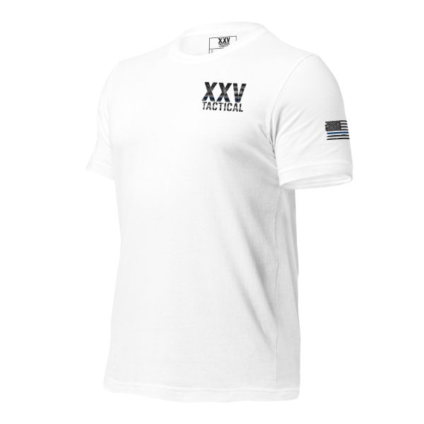 A white XXV Tactical Thin Blue Line t-shirt with the word vxx on it.