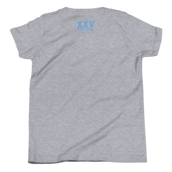A gray Youth Catch Life by The Fin T-Shirt with The Fin logo on it.