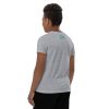 The back view of a Youth Love, Waves & Mermaids T-Shirt wearing a grey t-shirt, with waves flowing down her back like a mermaid's tail.