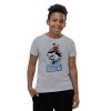 A young boy wearing a gray t-shirt showcasing his vibrant Youth Catch Life by The Fin T-Shirt with a horse on it.