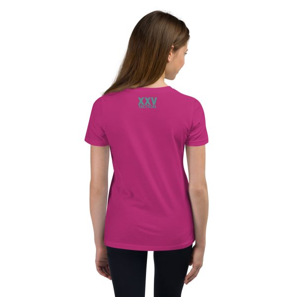 The back view of a Youth Love, Waves & Mermaids T-Shirt wearing a pink t-shirt.