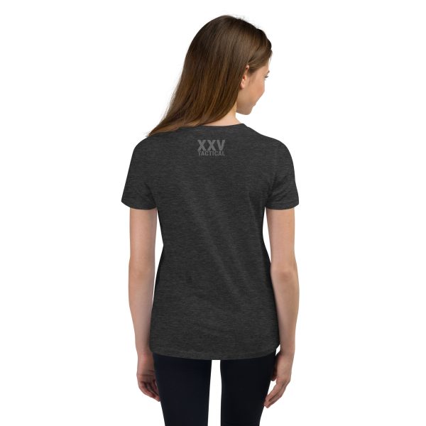 The back view of a youth wearing a Youth American Flag T-Shirt featuring an American Flag design.