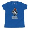 A youth blue Youth Catch Life by The Fin T-Shirt featuring an image of a man riding a shark, representing the catch life mentality.