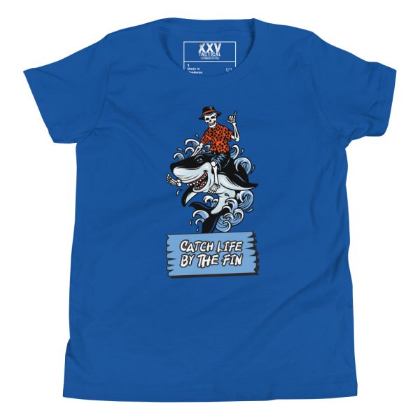 A youth blue Youth Catch Life by The Fin T-Shirt featuring an image of a man riding a shark, representing the catch life mentality.